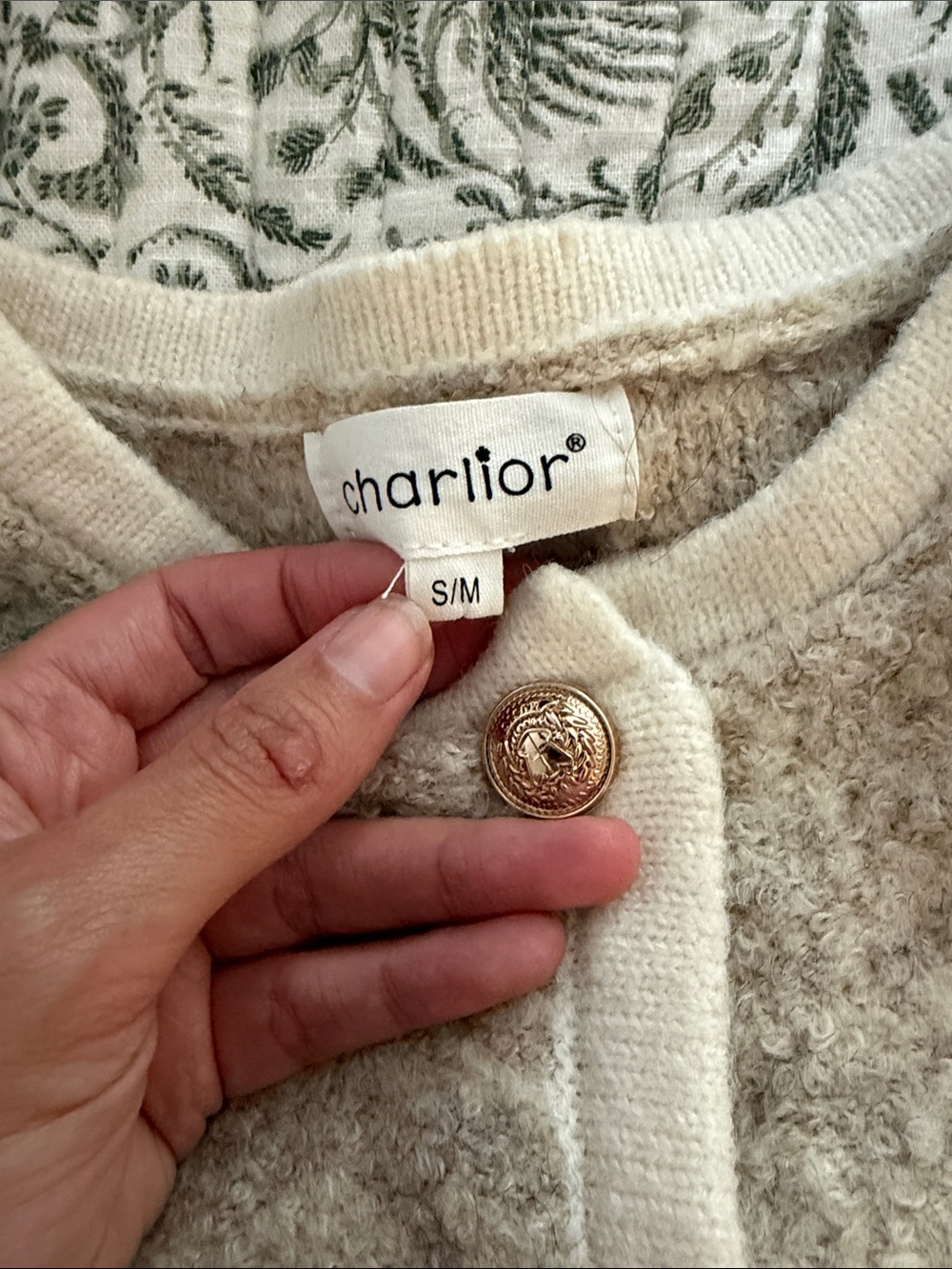 Charlier Cream Bouclé Cardigan with Gold Medallion Button - Picture 2 of 2